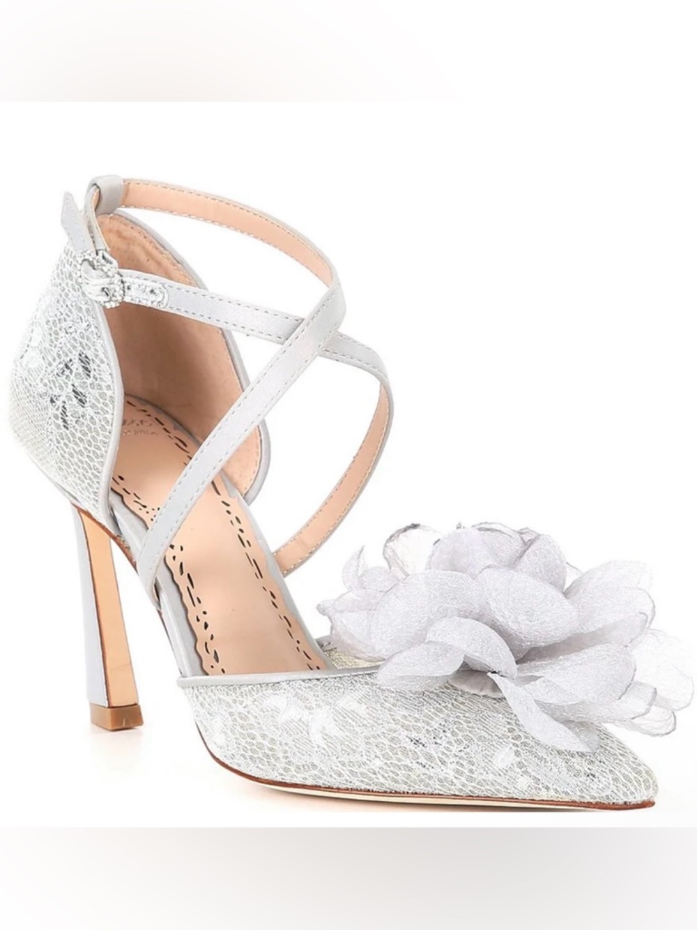 Muse by Marchesa Camellia Silver Pointed-Toe Floral Accent Lace Heels $129